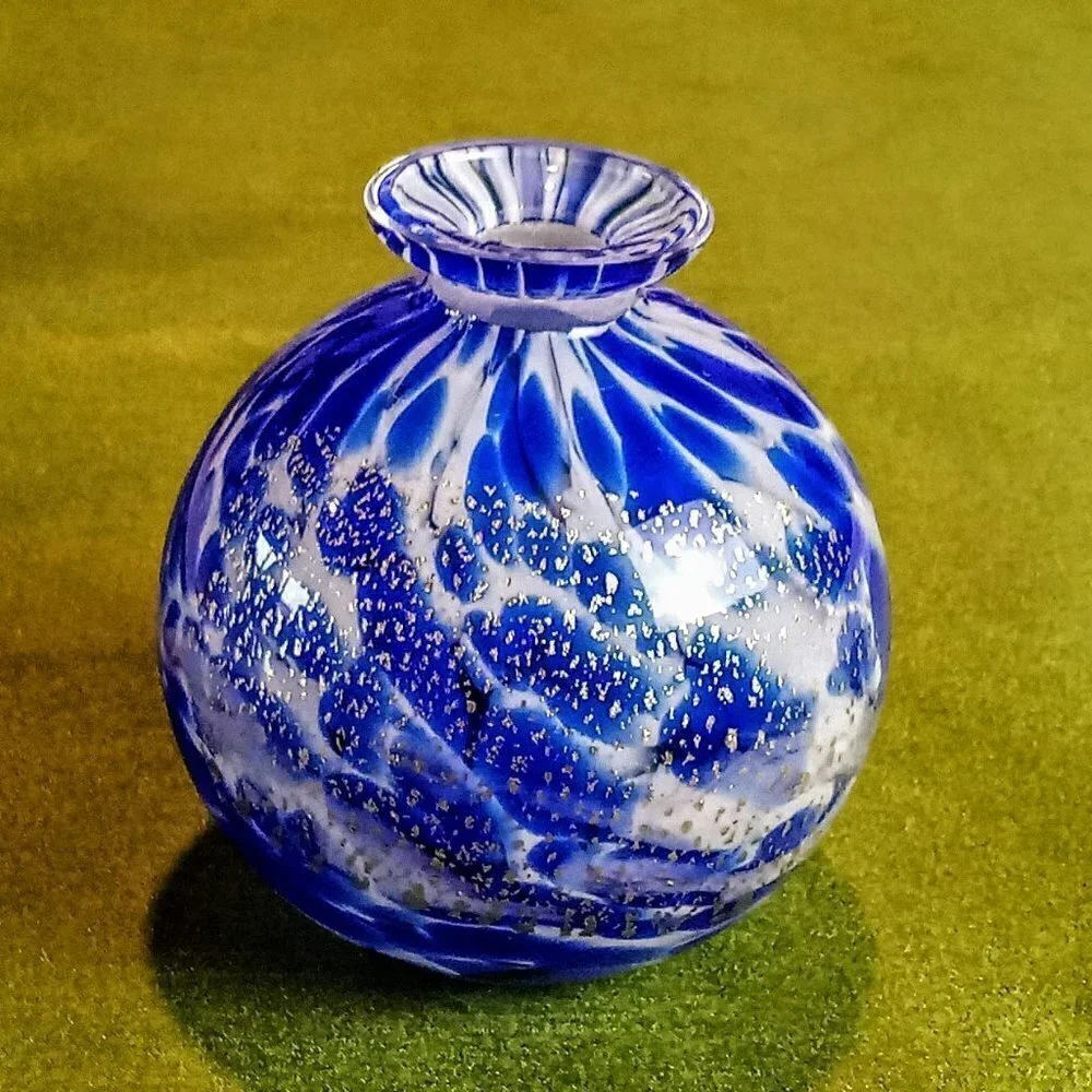 Blue White Gold Aventurine Art Glass Small Vase